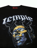 A full color design on the middle of the chest from a chrome headed being who got struck by lightning. The head is charged with valuable power from mother nature. The thunder comes from the metallic/chrome Temple text logo displayed at the top of the design. A charged energy from the power of Temple itself. Nature and art comes together.  100% cotton, ringspun and combed