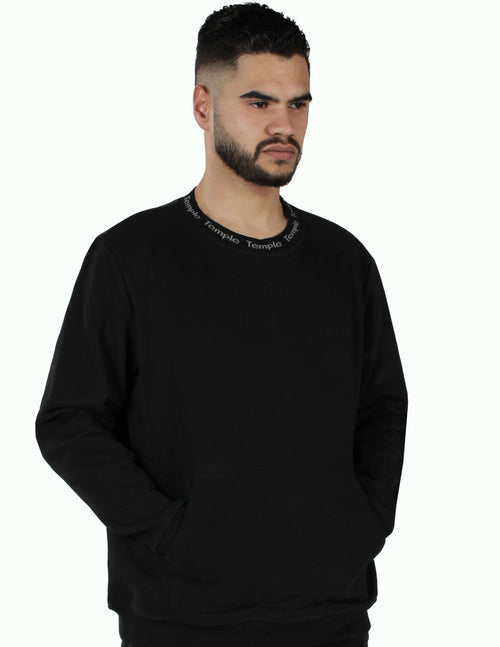A extremely comfortable premium 440gsm heavyweight sweater with a black knitted collar with some Temple script logos in the color white all around the neck of the crewneck sweater. And a small "440gsm" text logo in the color black embroidered on the left side of the wrist. The black crewneck sweater comes with a large front pocket/kangaroo pouch where you can warm your hands. 100% heavyweight cotton (440gsm), ringspun and combed