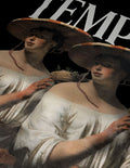 On the back of "The Garden Life" tee (in the color black) you see a large full color print from a young woman wearing a large and wide hat on a warm summer month. She holds up a basket of light violet plums with two arms. The young girl is wearing a white robe, leaving the shoulders bare. A large Temple text logo in the color white above the young woman and underneath her a text explaining the power of "the art of the renaissance". 